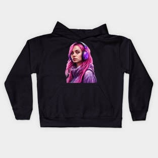 Pink hair girl with purple headphones Kids Hoodie